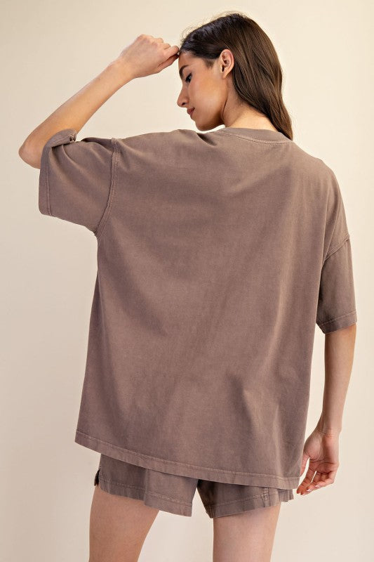 Women's oversized top in mineral washed mocha brown by Rae Mode showing back view