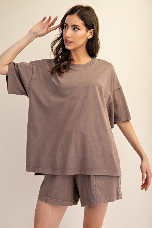 Women's elastic waist knit shorts in mineral washed mocha brown by Rae Mode showing matching tee