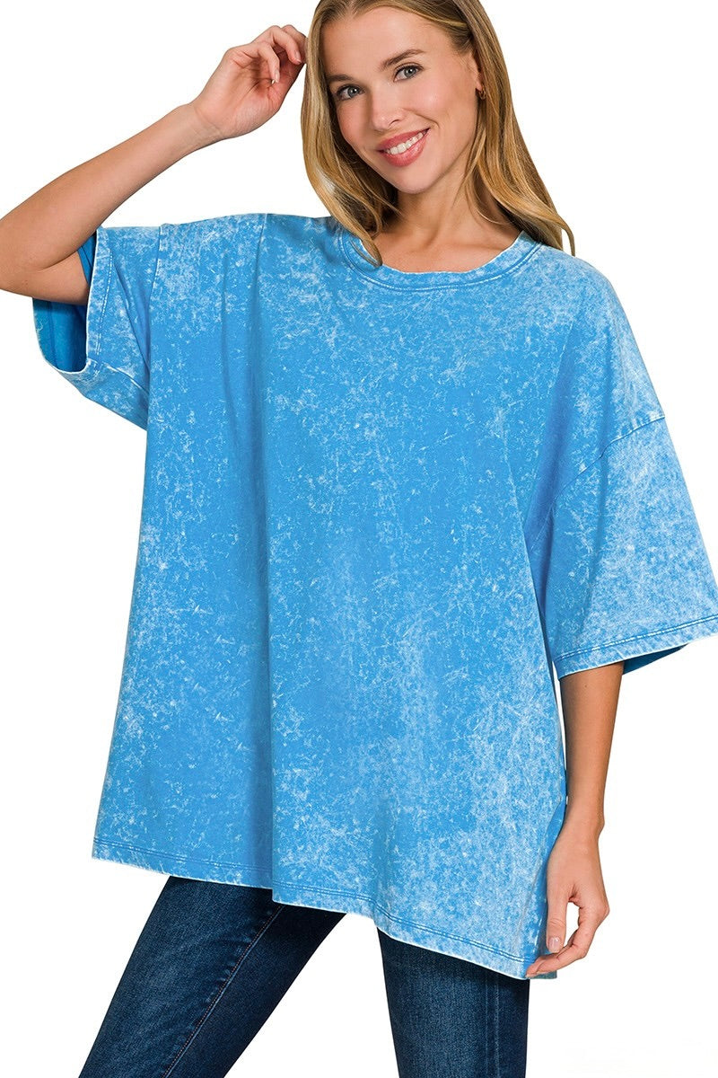 Up close view of Zenana acid washed oversized boyfriend tee in ocean blue also in plus size