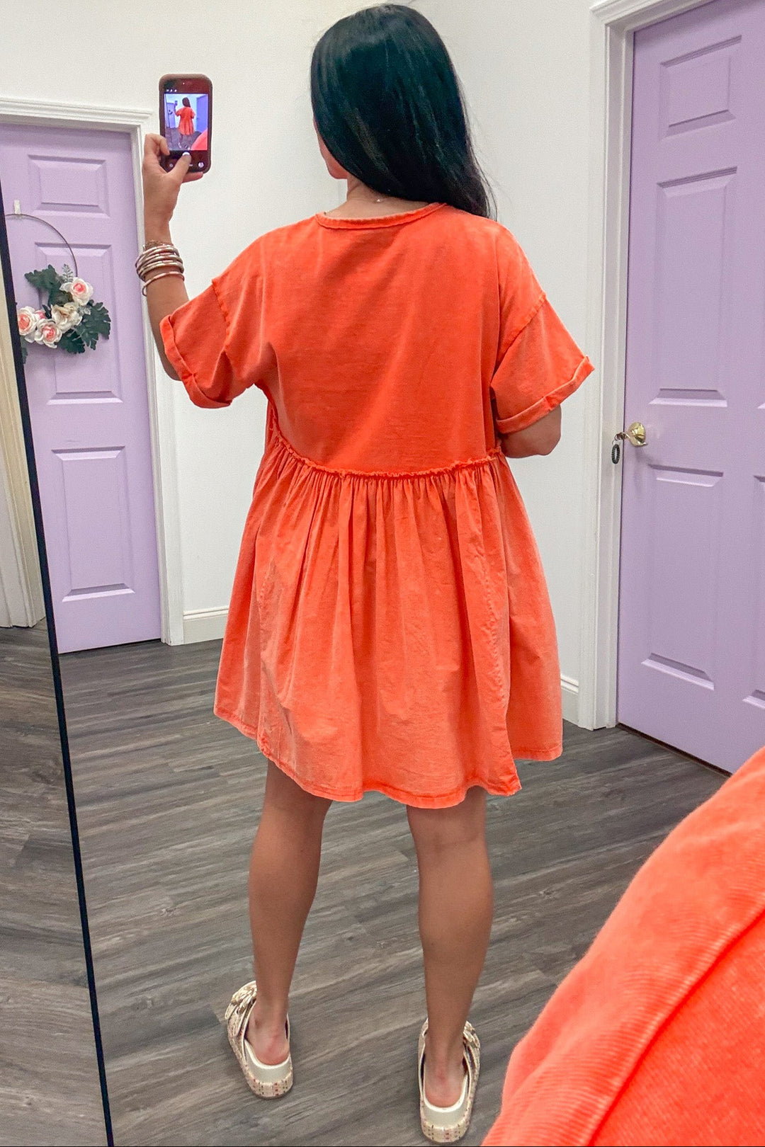 Washed Orange Knit And Chambray Babydoll Dress – Purple Door Boutique