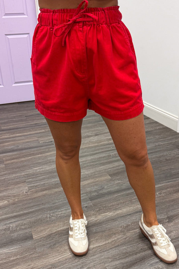 washed red denim paperbag waist drawstring elastic waistband wide leg shorts
