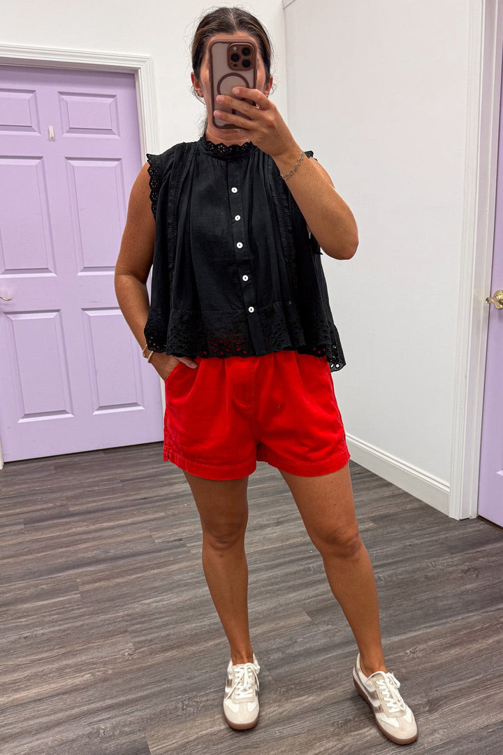 washed red denim paperbag waist elastic waistband wide leg shorts