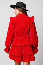 Fantastic Fawn Washed red velvet ruffle tiered dress with belted waist