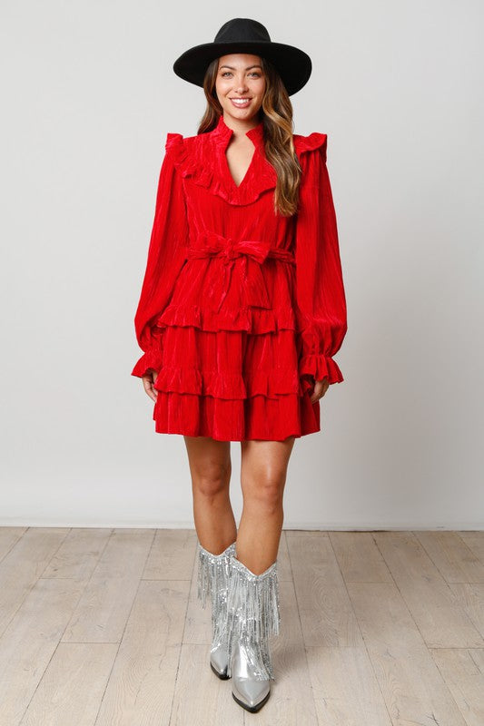 Fantastic Fawn Washed red velvet ruffle tiered dress with belted waist