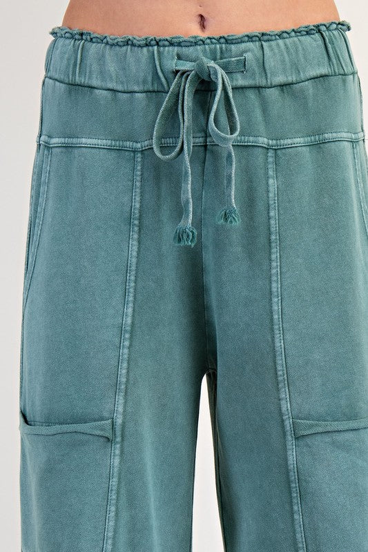 Women's terry knit wide leg pants in mineral washed teal green by Easel