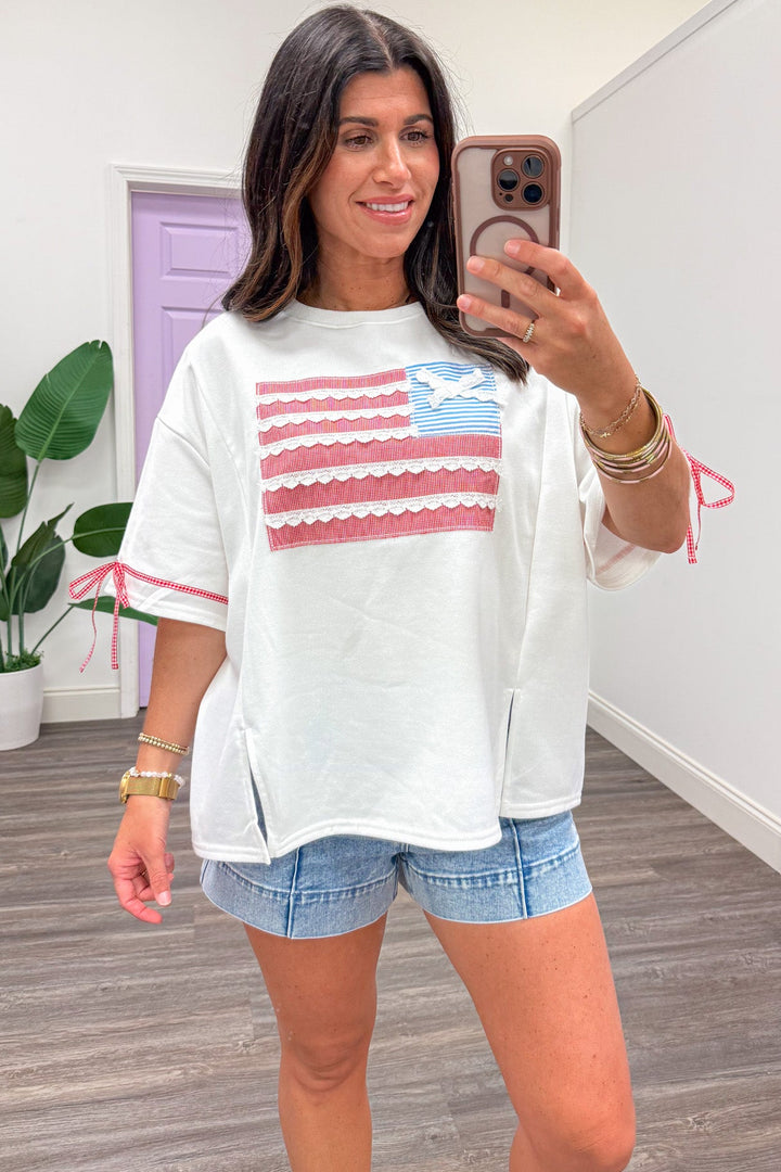 white with embroidery trim quilted patch american flag terry knit top