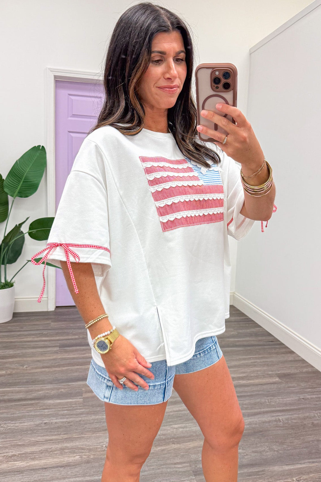 white with quilted patch american flag drop shoulder short sleeve top