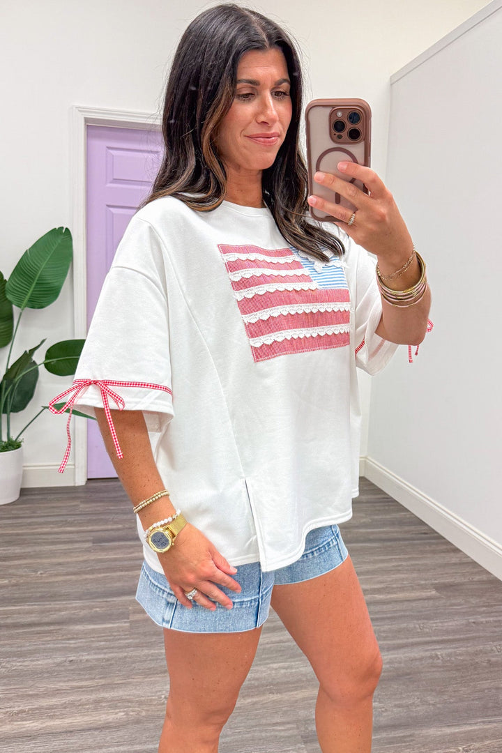 white with quilted patch american flag drop shoulder short sleeve top