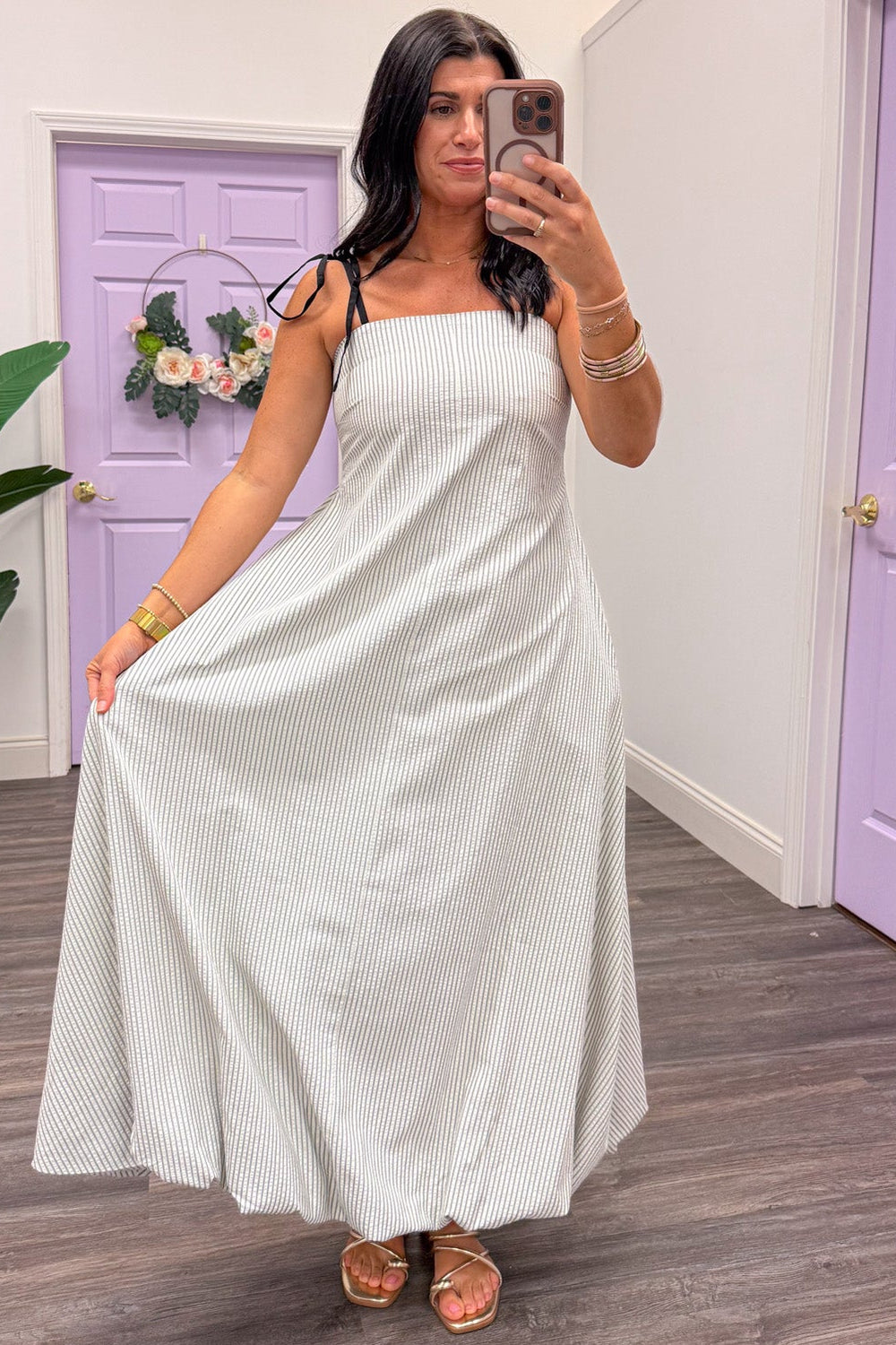 ivory and black vertical striped sleeveless seersucker maxi dress flowy silhouette