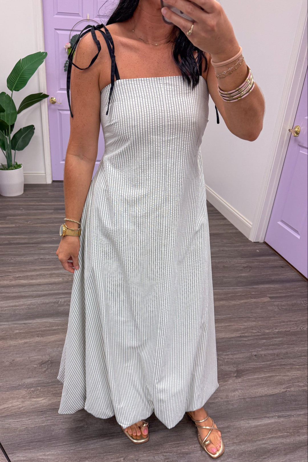 ivory and black striped square neckline spaghetti strap maxi dress 