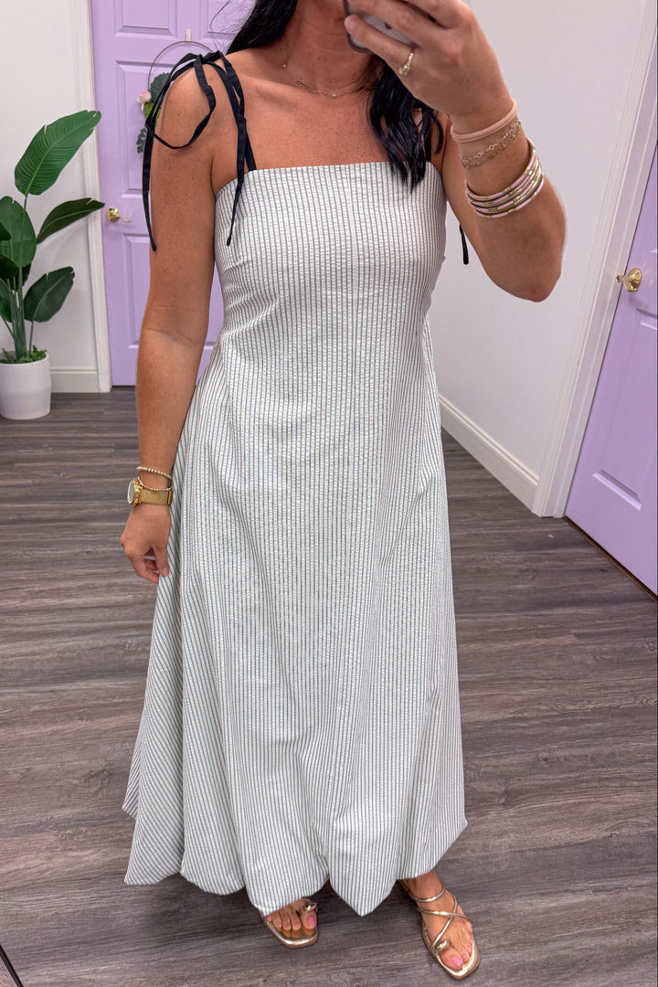 ivory and black striped square neckline spaghetti strap maxi dress 