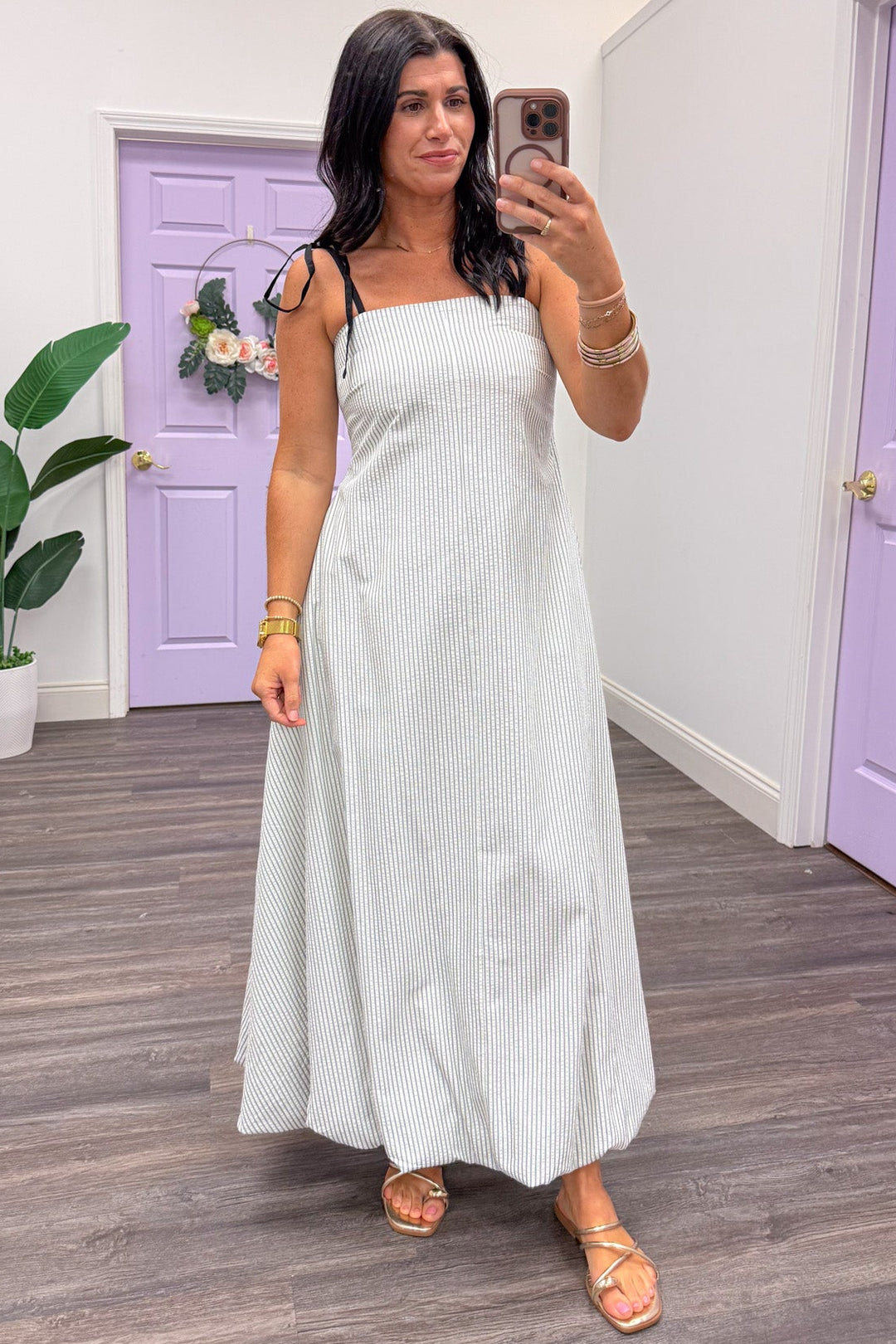 Women's Ivory And Black Striped Maxi Dress With Bubble Hem Small Women's Ivory And Black Striped Maxi Dress With Bubble Hem Small