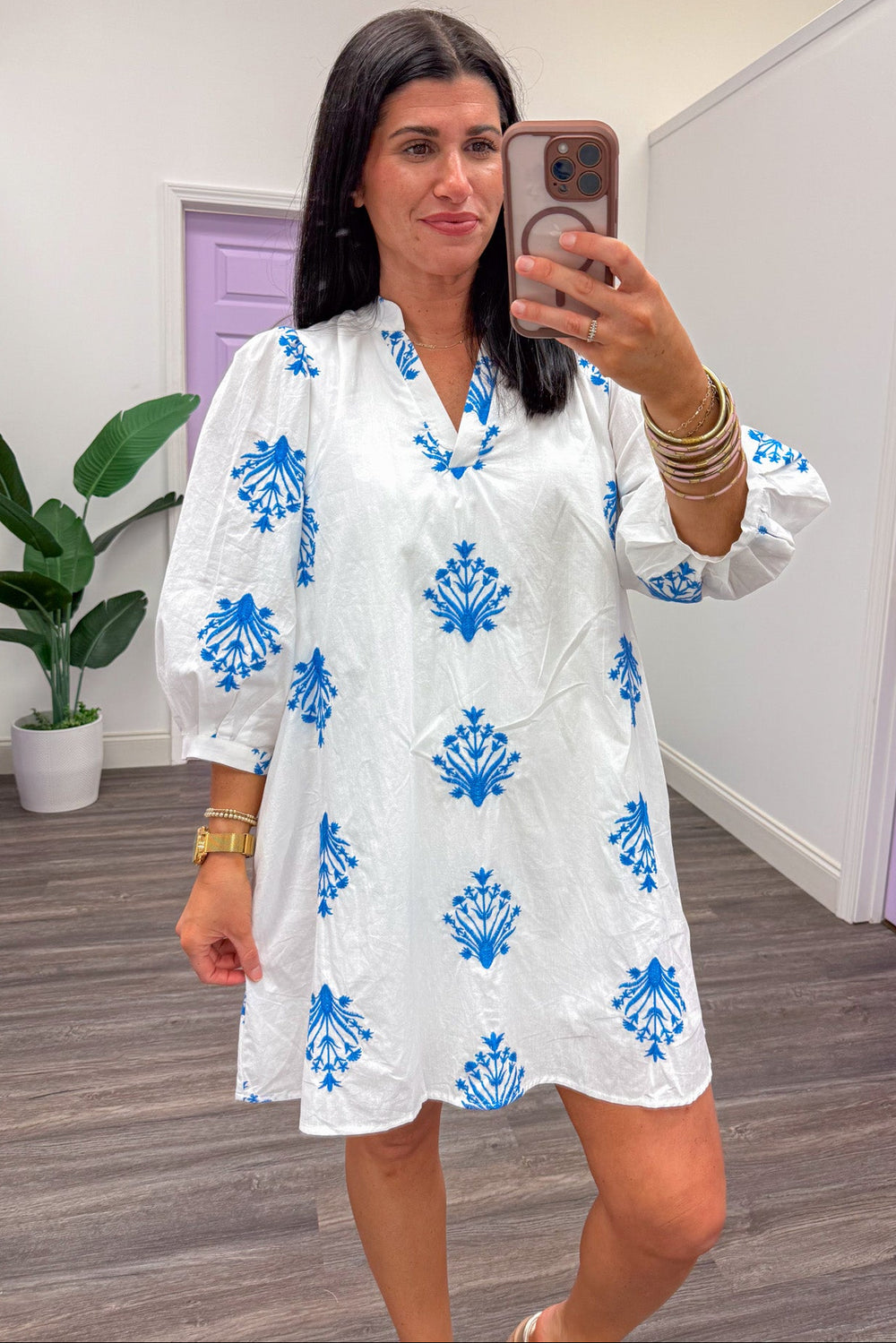 beachy white with blue embroidery v neck puff sleeve poplin mini dress