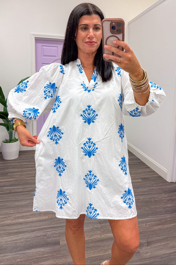 white with blue embroidery detail flowy relaxed silhouette poplin mini dress
