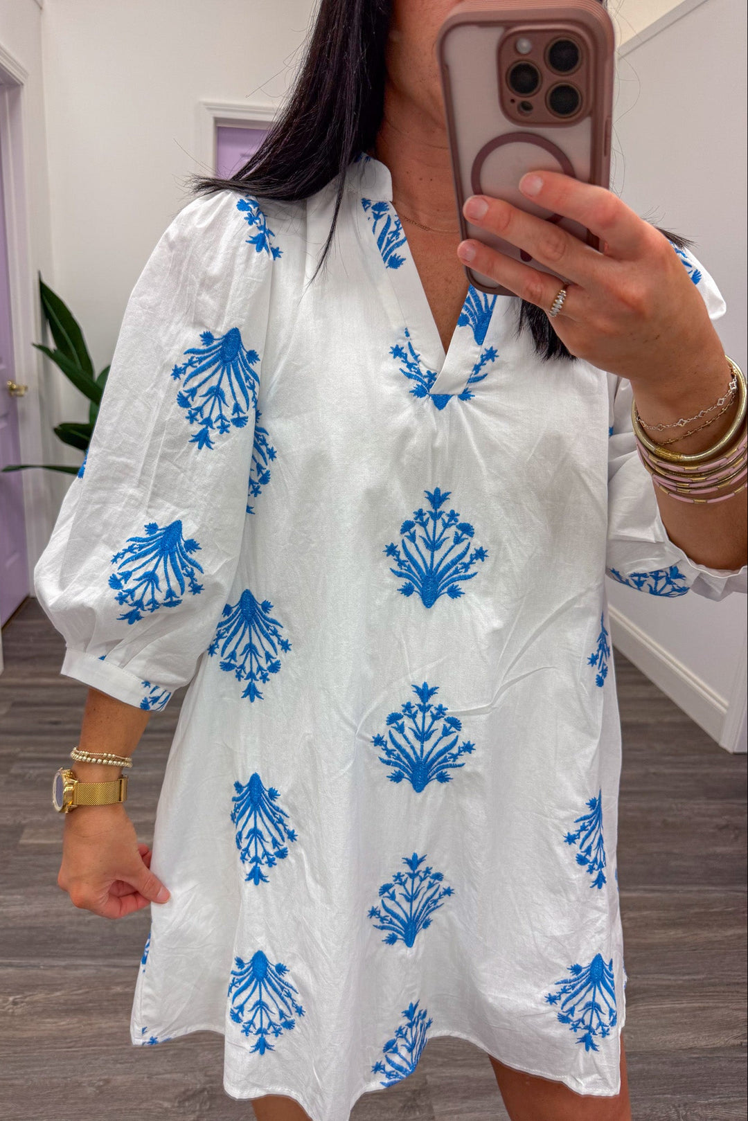 white with blue embroidery detail three quarter puff sleeve mini dress