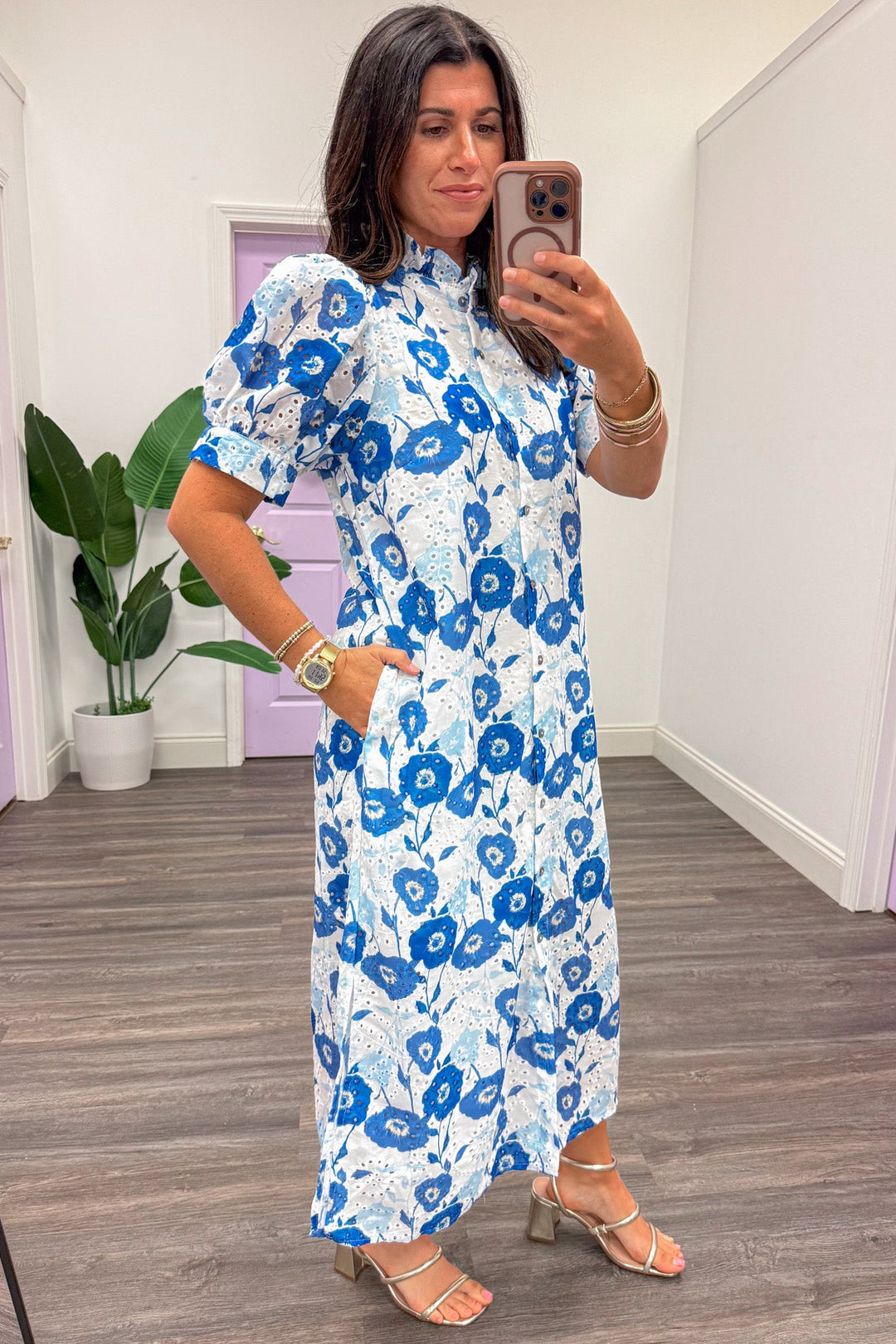Entro White And Blue Floral Print Eyelet Midi Dress – Purple Door Boutique