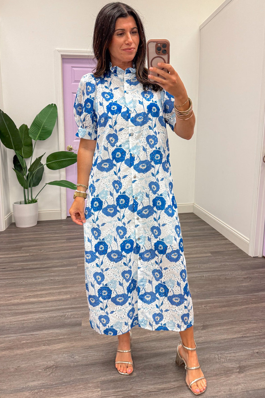 Entro White And Blue Floral Print Eyelet Midi Dress Small Entro White And Blue Floral Print Eyelet Midi Dress Small