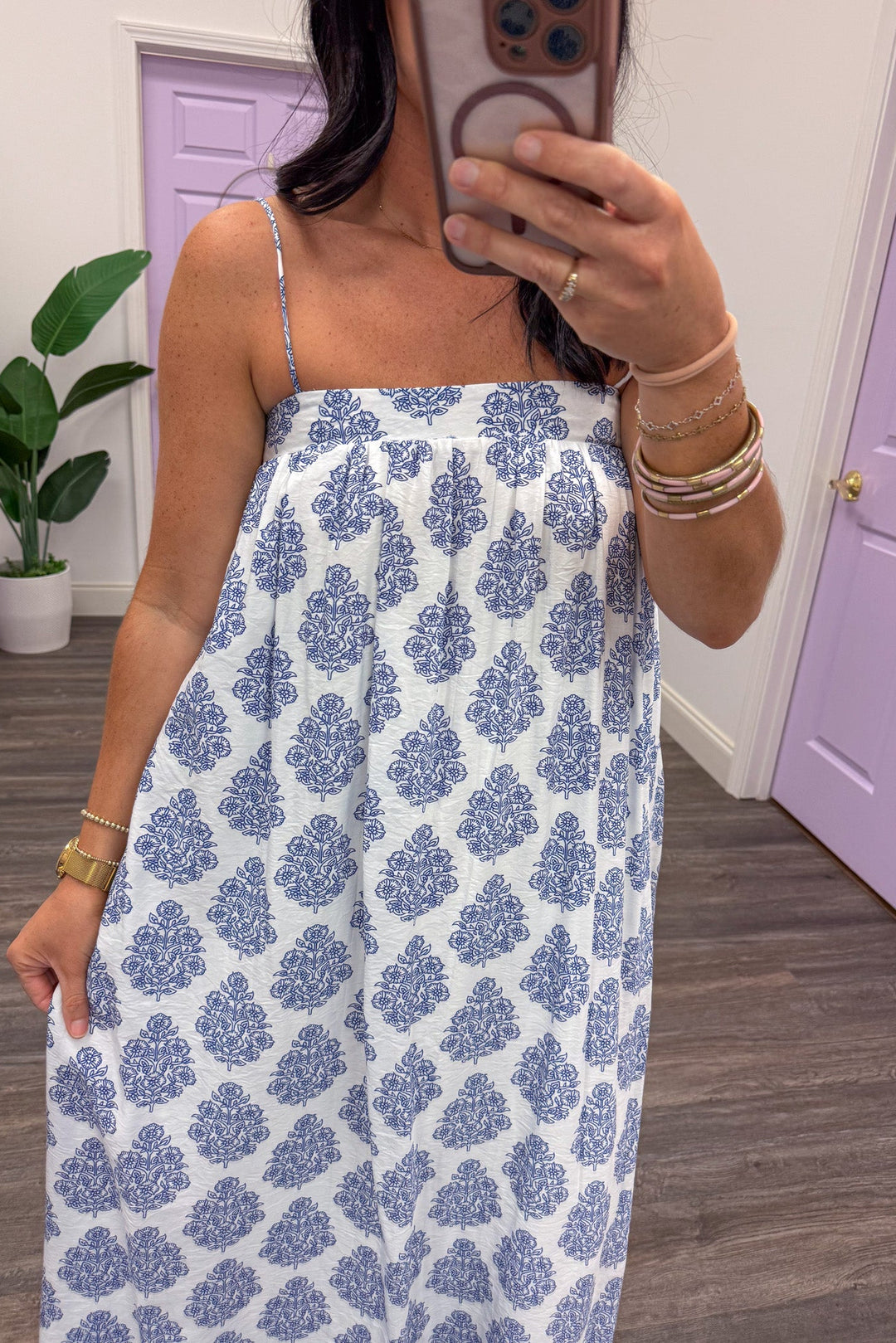 white and blue abstract floral print sleeveless spaghetti strap square neckline maxi dress