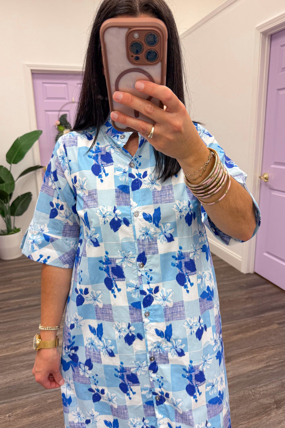 blue floral and plaid print button front ruffled trimmed mock neck midi dress