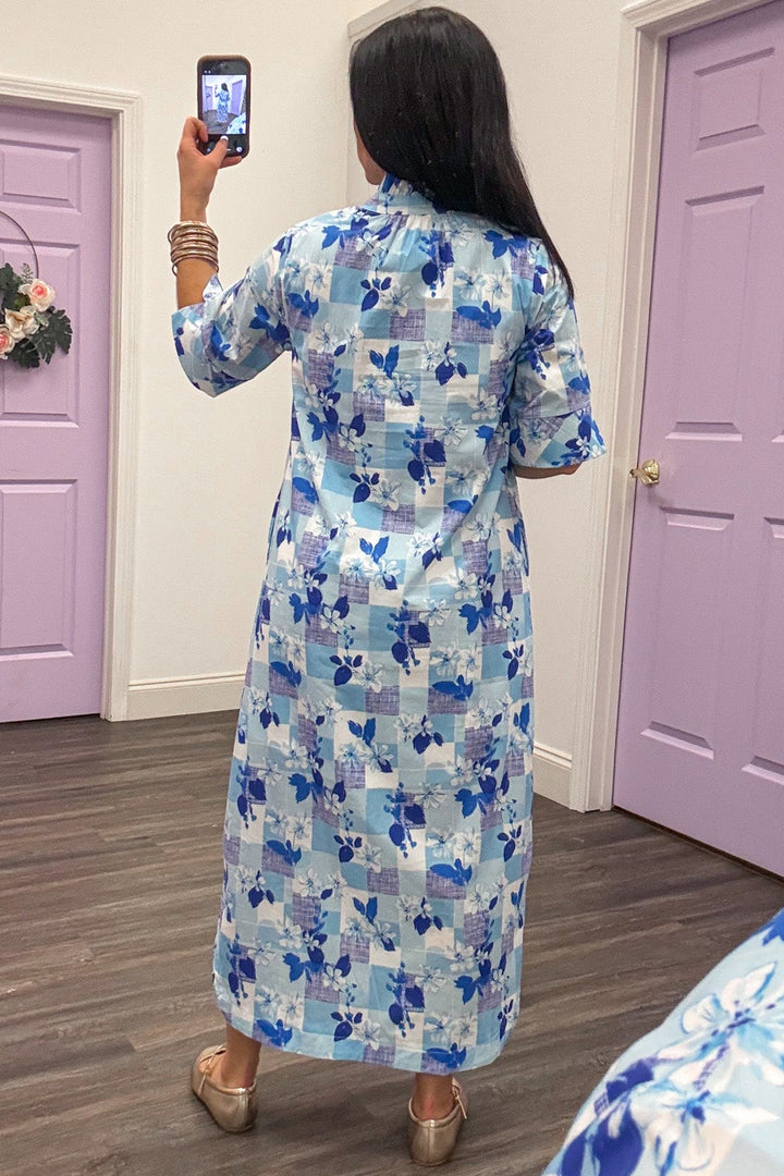 blue floral and plaid print button down short sleeve poplin midi dress back view