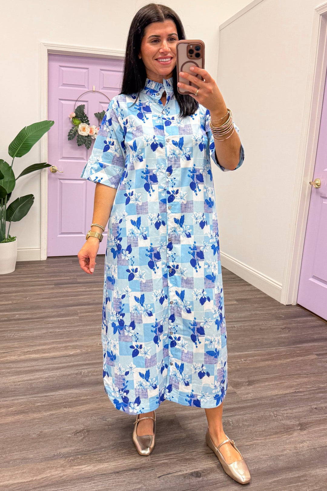 blue floral and plaid print button down short sleeve poplin midi dress