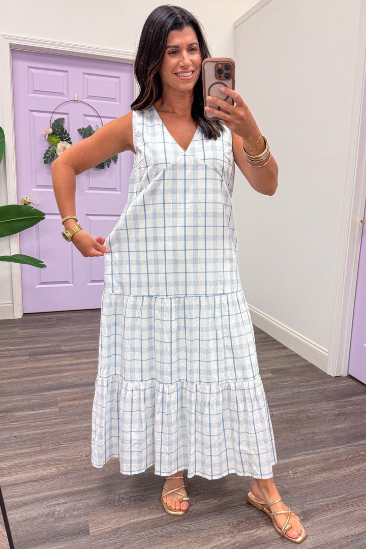 baby blue and white plaid print sleeveless relaxed fit maxi dress