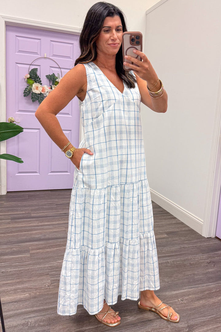 baby blue and white plaid print sleeveless maxi dress with side pockets