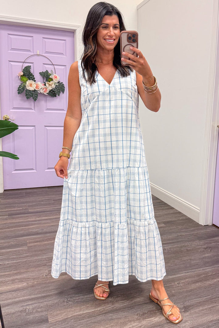 baby blue and white plaid print sleeveless cotton maxi dress