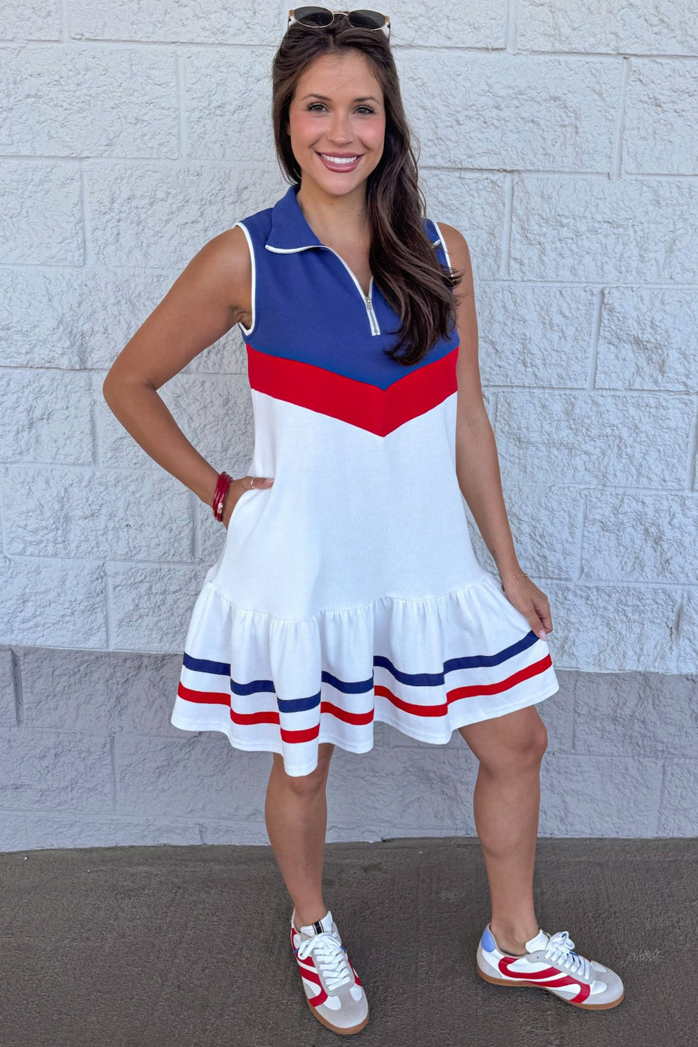 off white with red and blue colorblock design side pocket knit mini dress