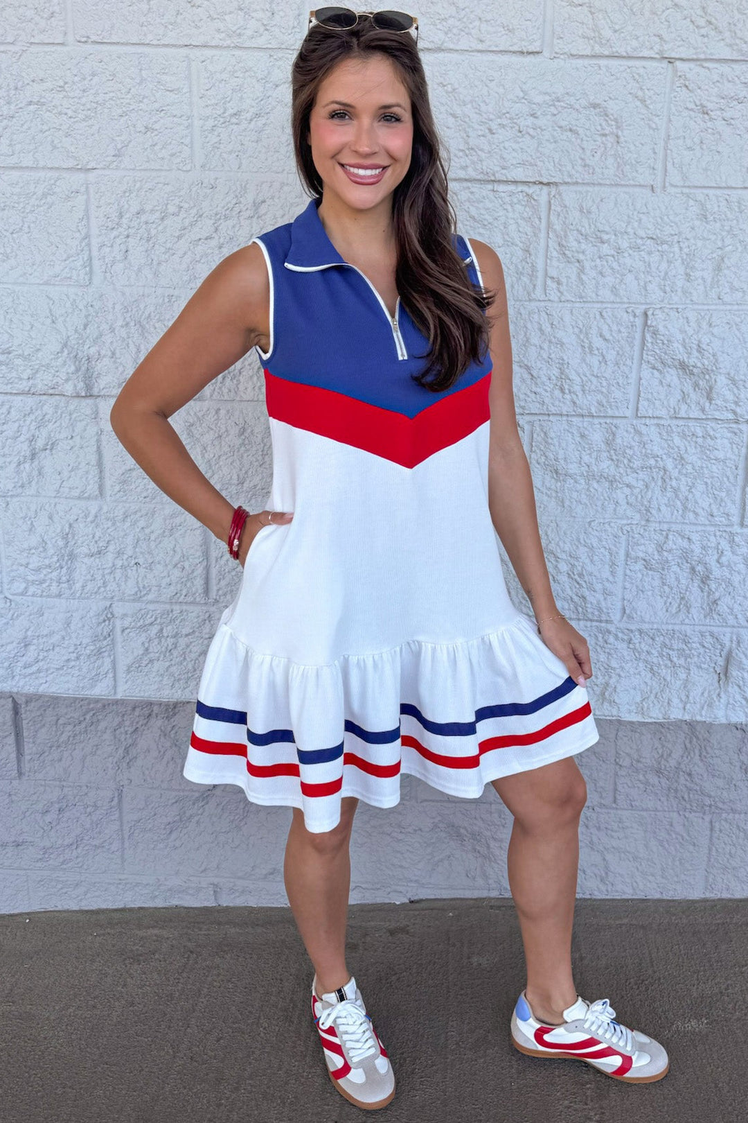 off white with red and blue colorblock design side pocket knit mini dress