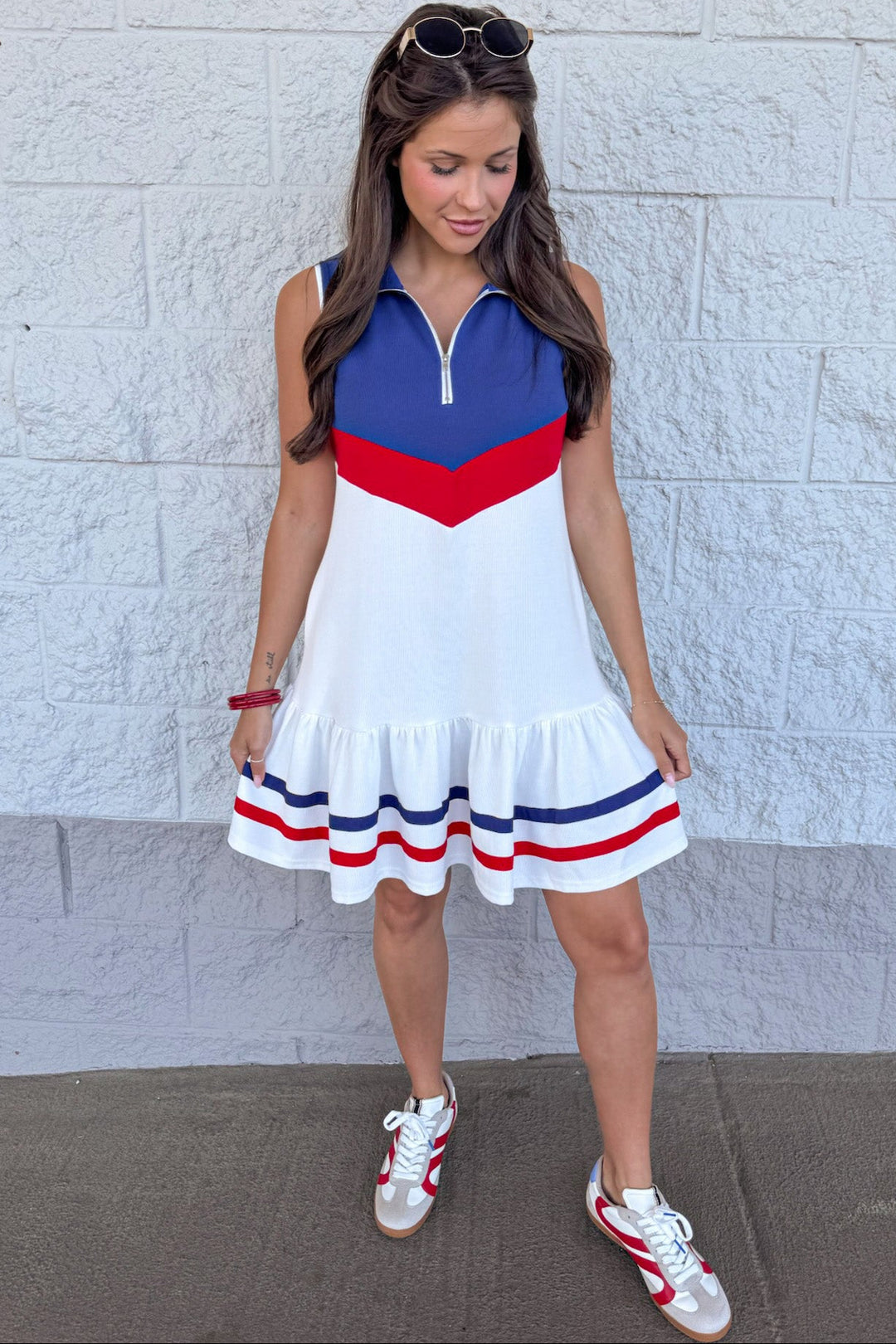 off white with red and blue colorblock design knit mini dress