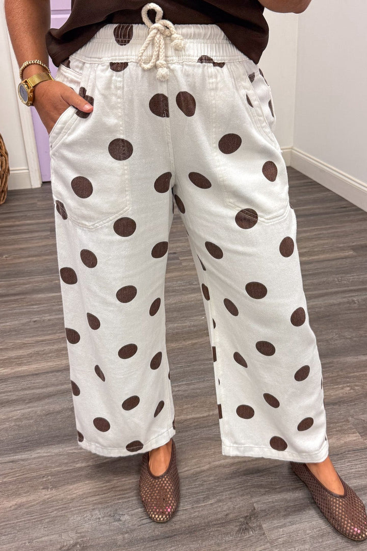 off white with brown polka dot print elastic waist wide leg cotton pants with front pockets