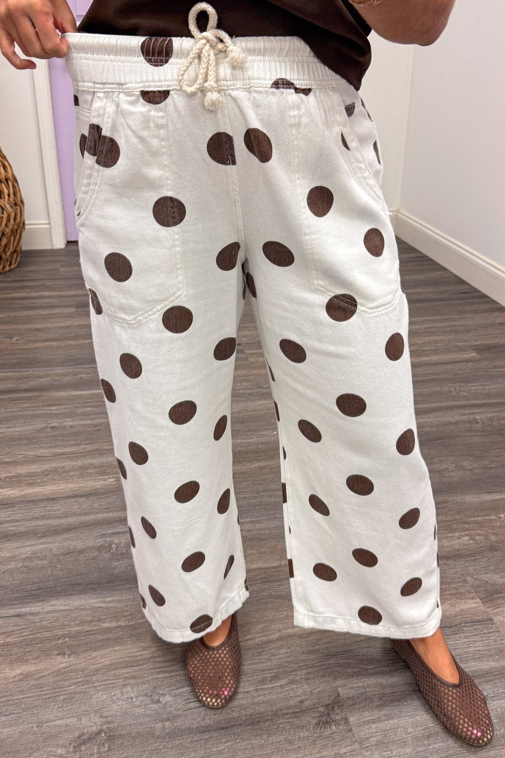 off white with brown polka dot print drawstring elastic waist wide leg cotton pants