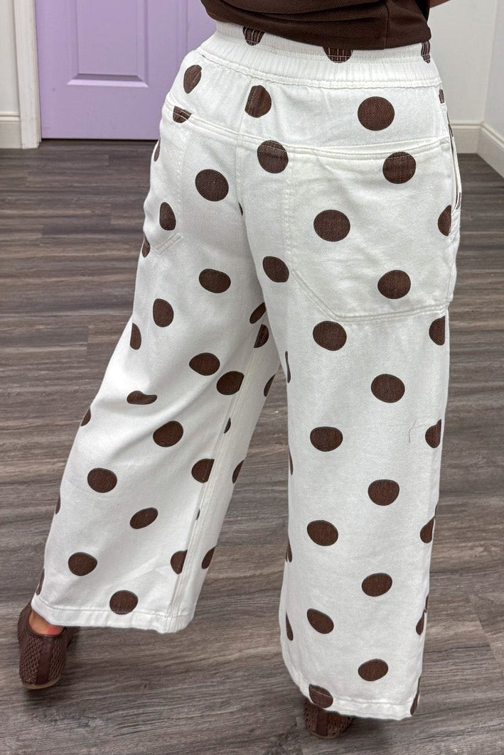 off white with brown polka dot print elastic waist wide leg cotton pants with back pockets