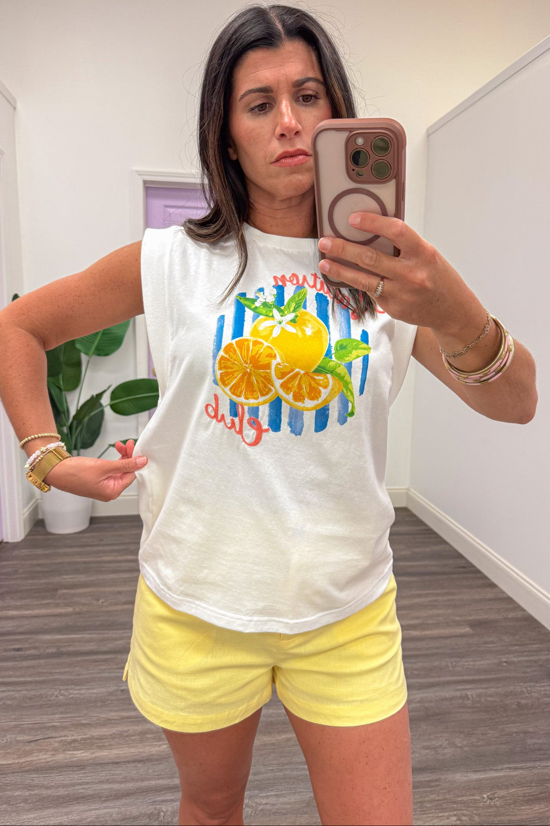 yellow and blue citrus graphic print sleeveless relaxed silhouette white top