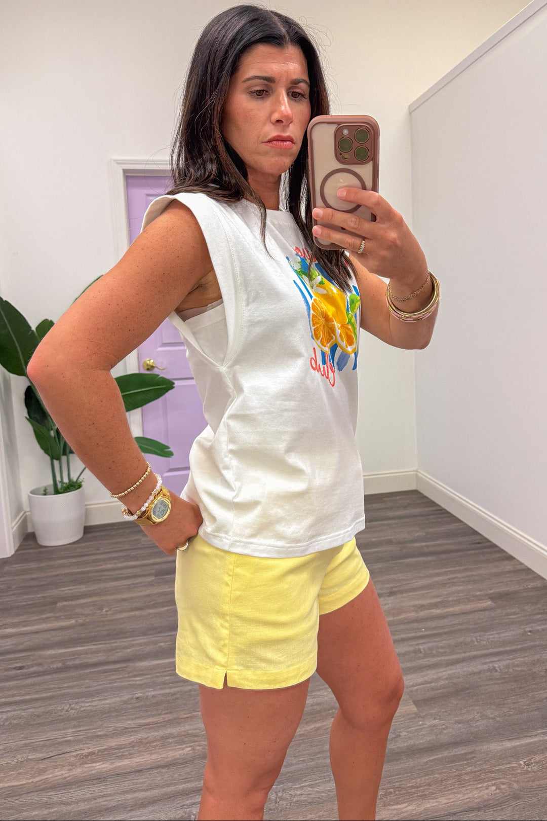 yellow citrus with blue stripes graphic print crew neckline white cotton top