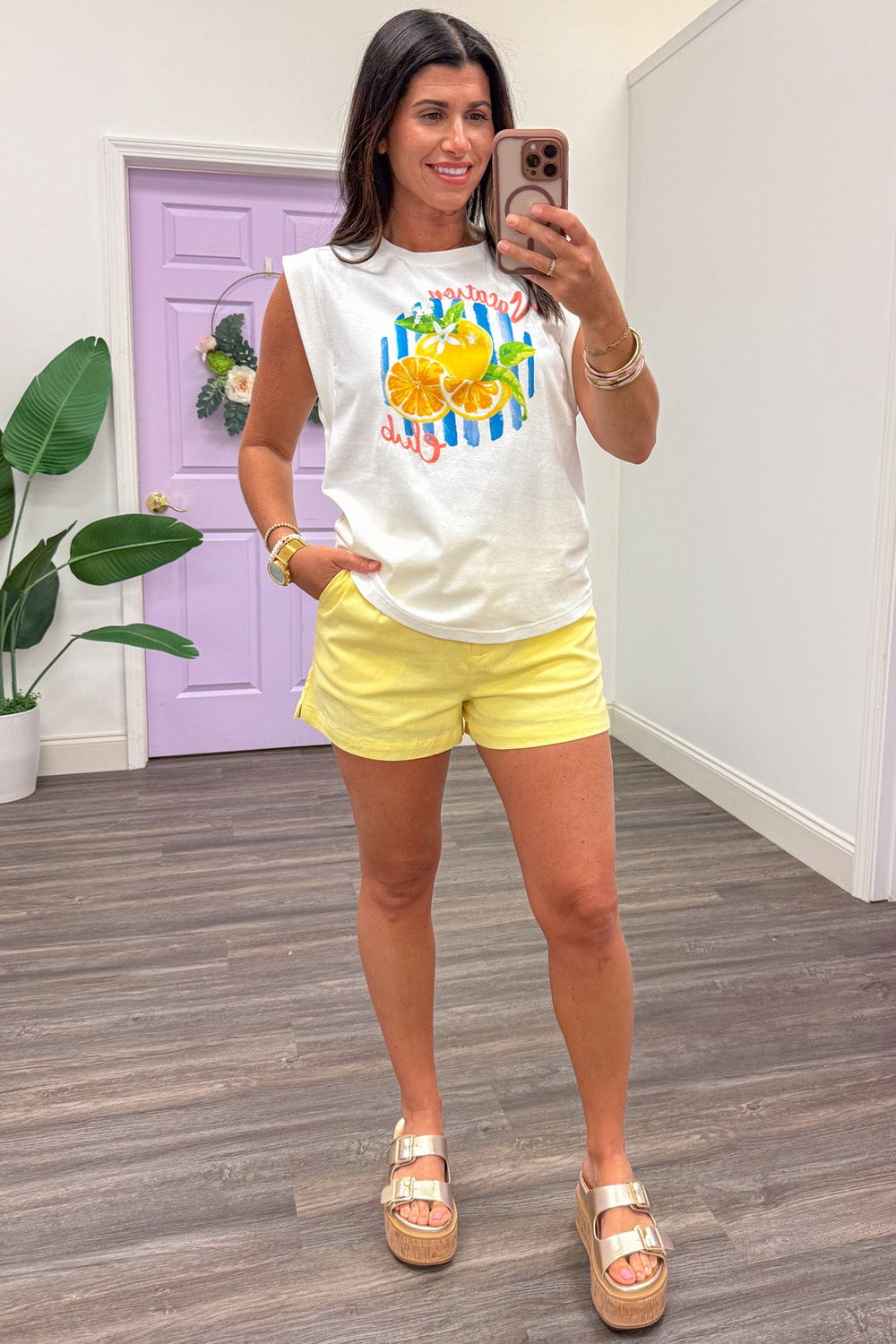 yellow and blue citrus graphic print sleeveless white cotton top