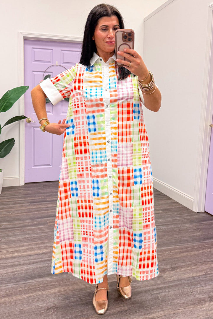 multicolored abstract plaid print short sleeve midi dress relaxed silhouette