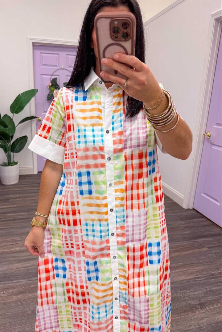 multicolored abstract plaid print button front collared midi dress