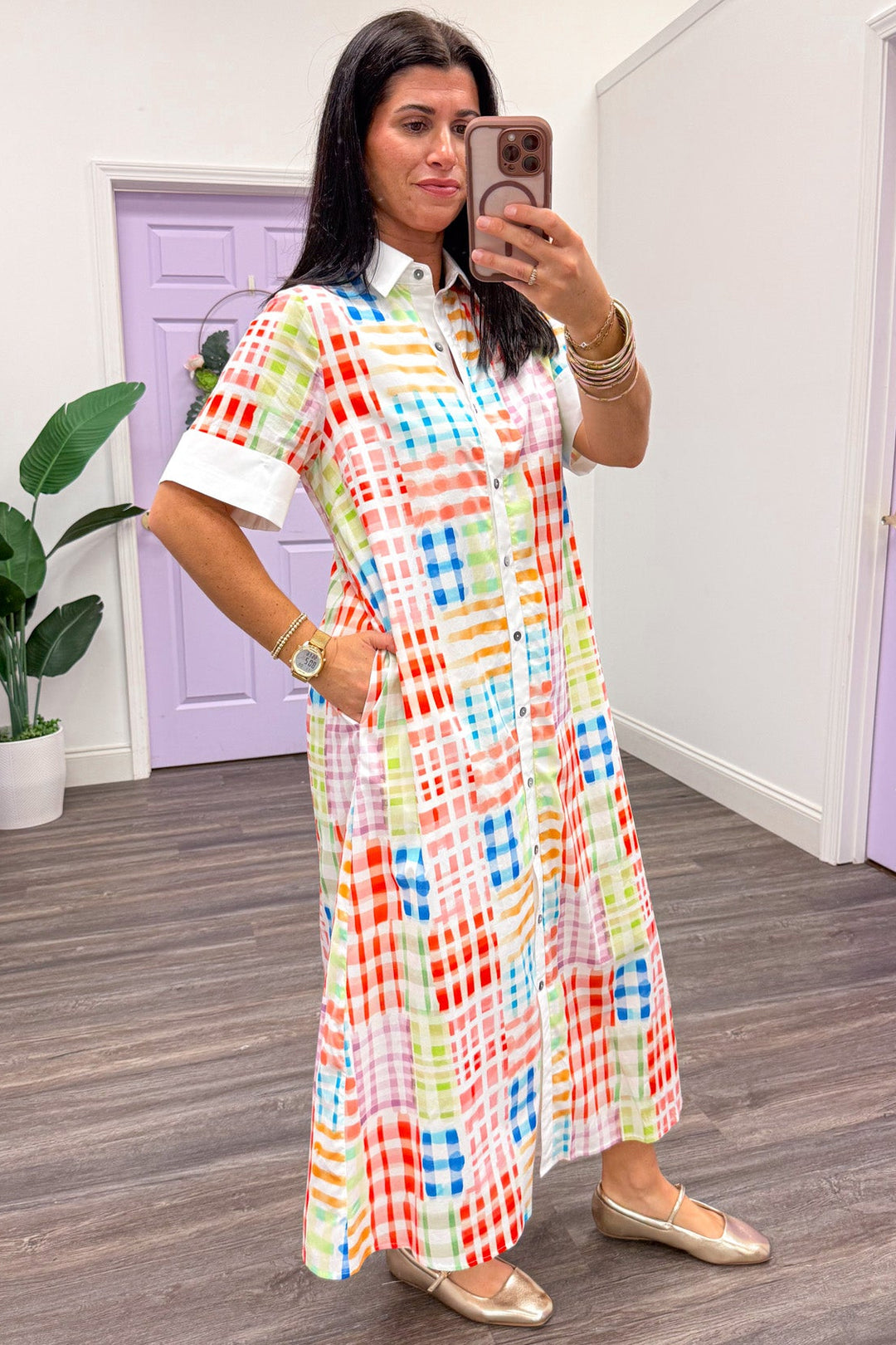 multicolored abstract plaid print cuffed short sleeve midi dress side pockets