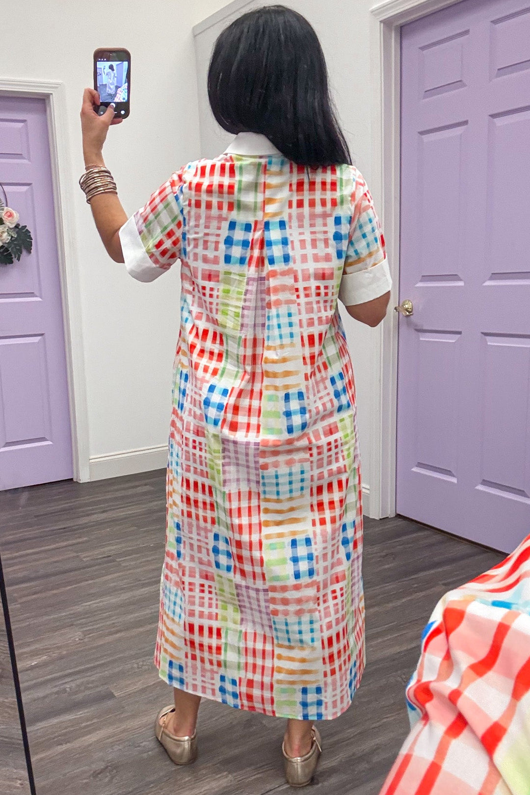 white colorful plaid print button down short sleeve poplin midi dress