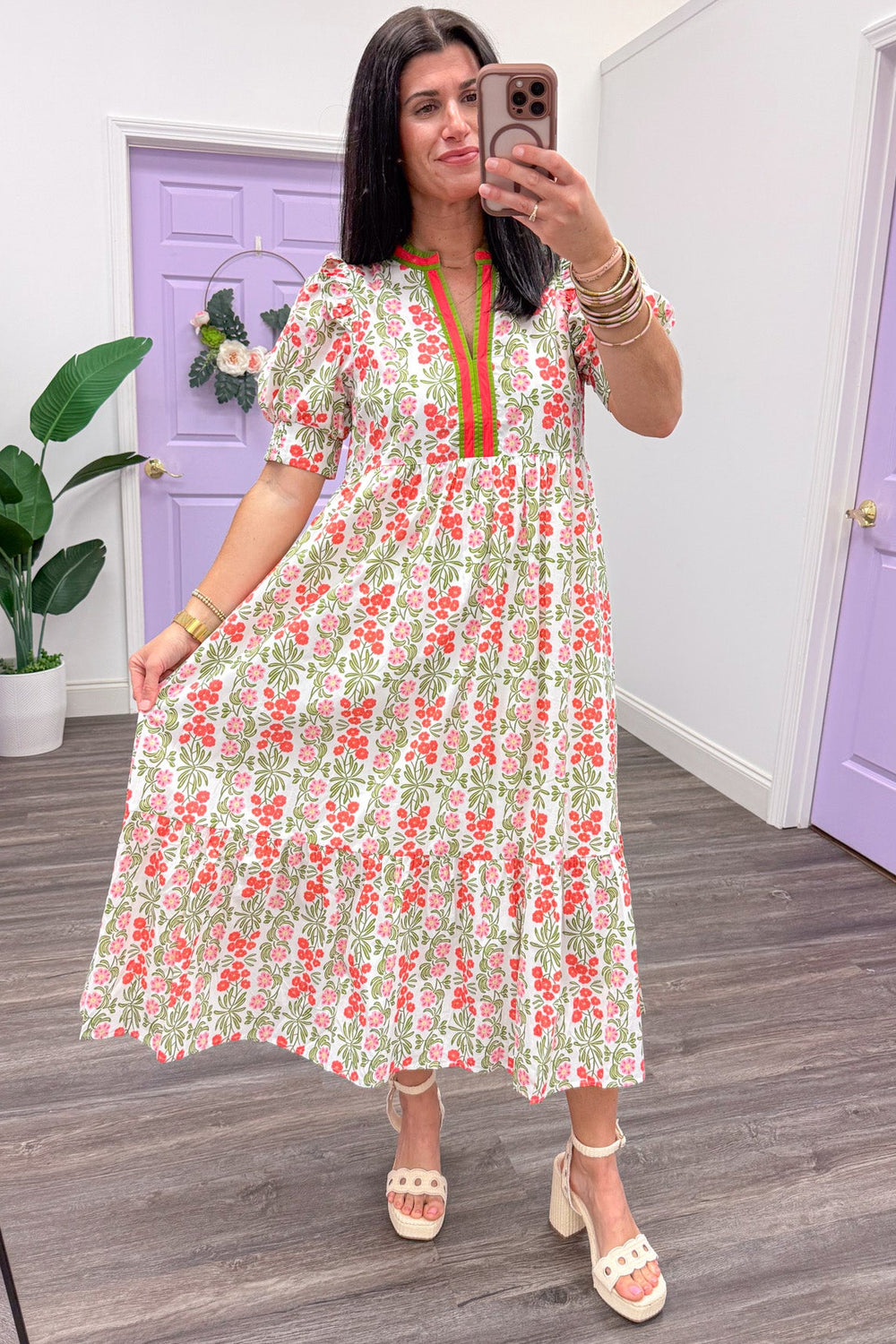 coral and olive floral short puff sleeve white midi dress relaxed silhouette