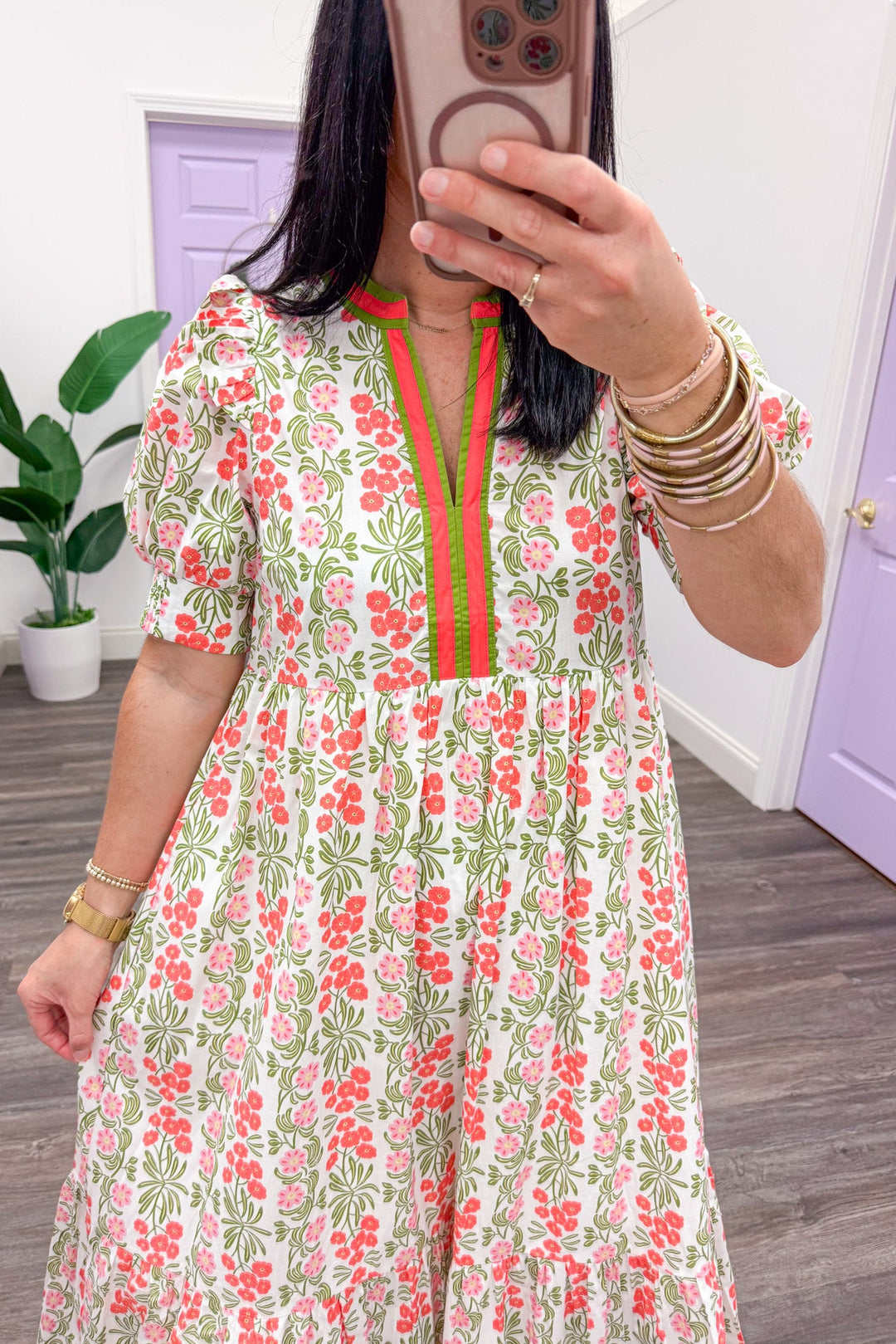 coral floral print trimmed v neckline puff sleeve white poplin midi dress