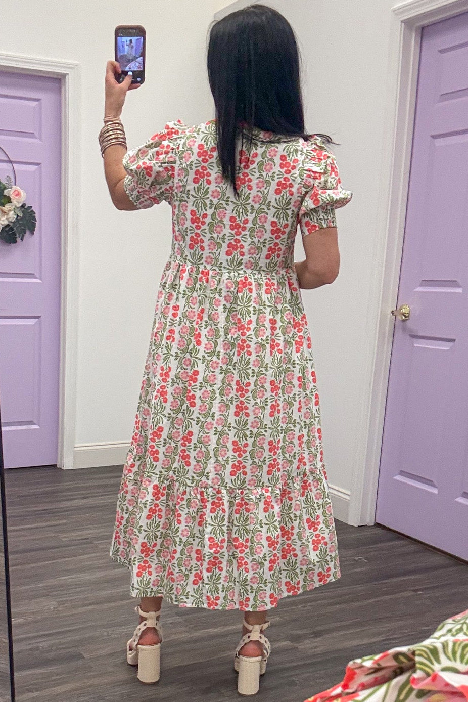 coral and olive floral print puff sleeve white midi dress empire waistline