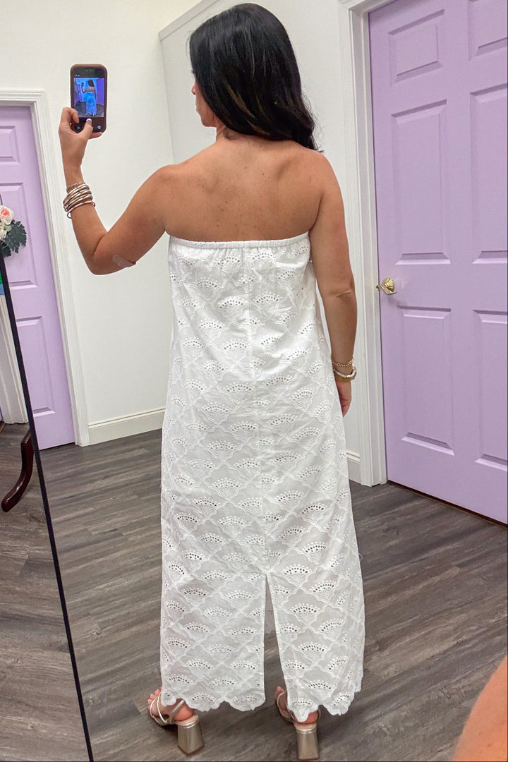 off white embroidered eyelet detail strapless scalloped bottom hem midi dress