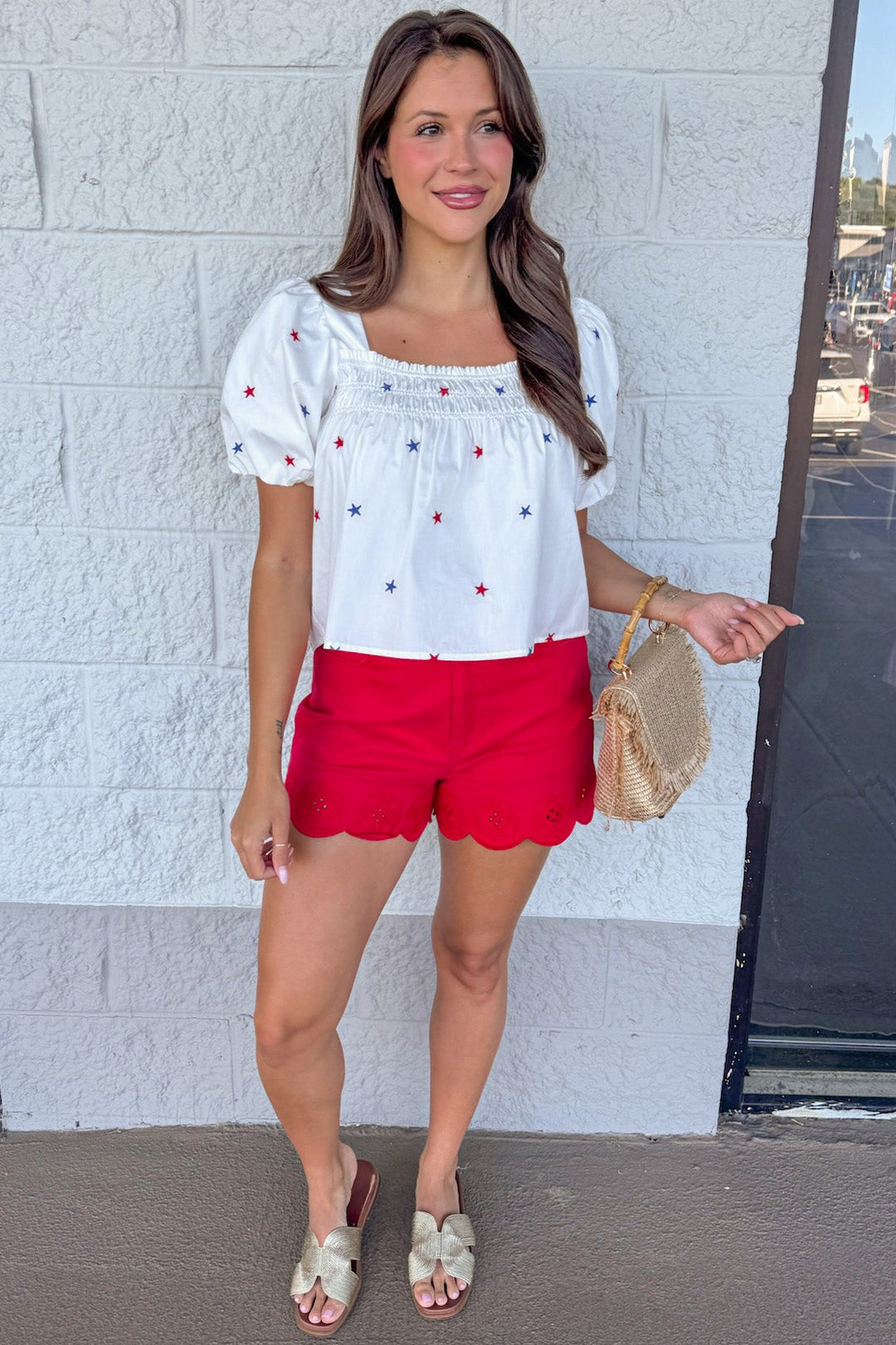 red and blue embroidered star print white short puff sleeve babydoll top