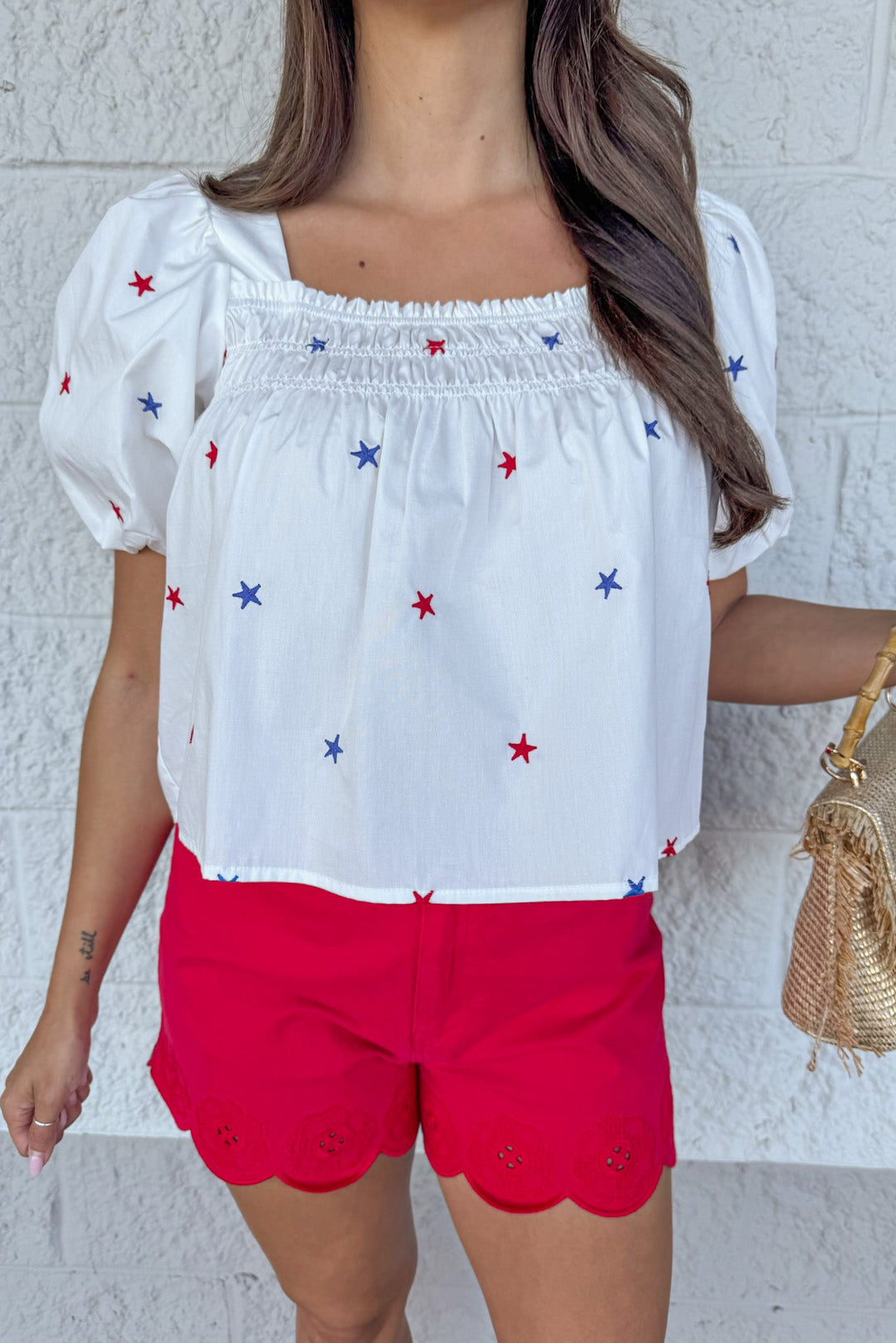 red and blue embroidered star print white square neckline babydoll top