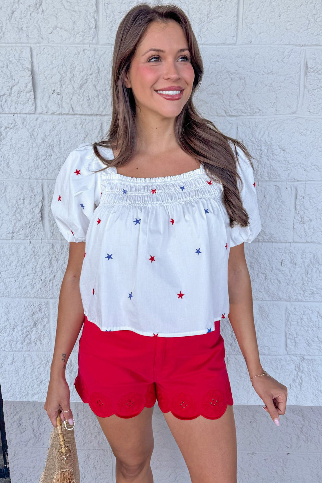 red and blue embroidered star print white poplin babydoll top