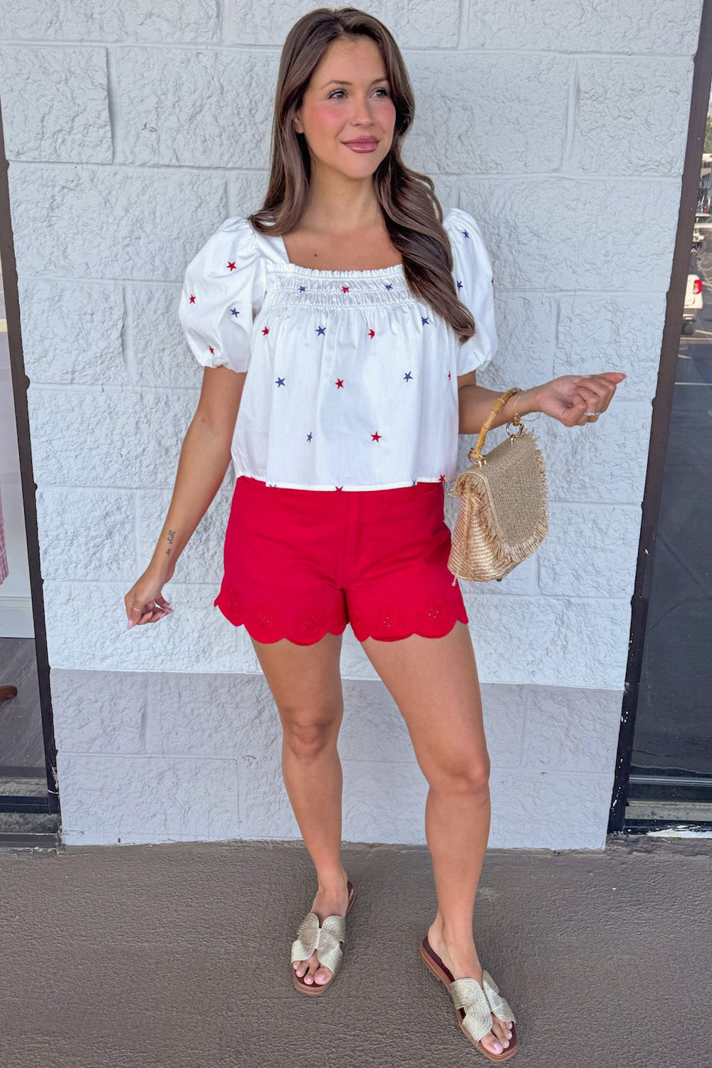 red and blue embroidered star print white poplin semi-cropped babydoll top