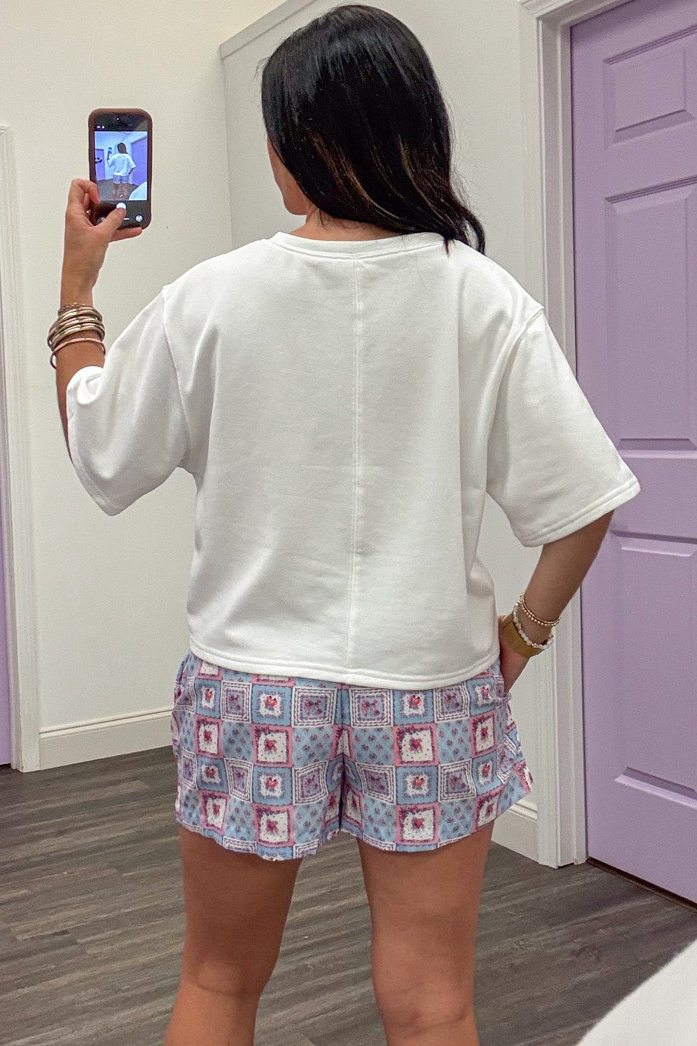 white with embroidered patchwork print usa crew neckline terry knit top